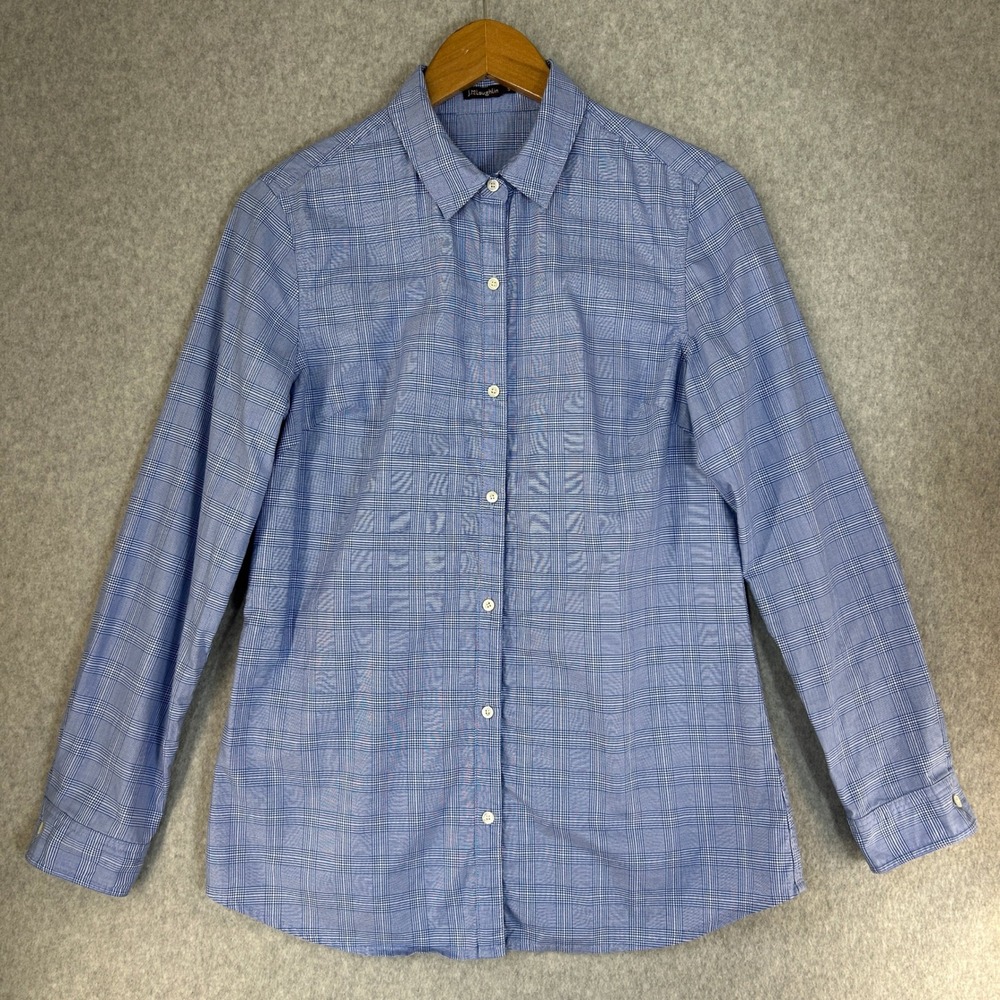J.McLaughlin Mens Small Blue White Plaid Cotton Button Down Shirt Long Sleeve